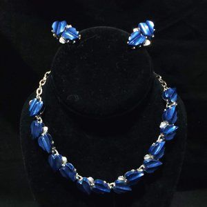 Vintage Dark Blue Lucite Necklace and Matching Clip-on Earrings